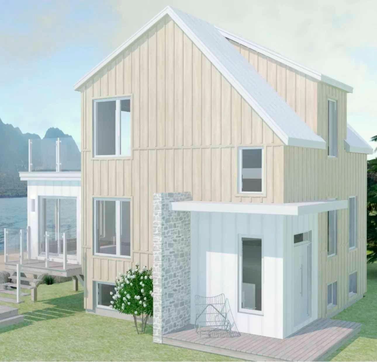 Maison moderne à deux étages avec bardage en bois clair, toit blanc et fenêtres blanches, située au bord de l'eau
