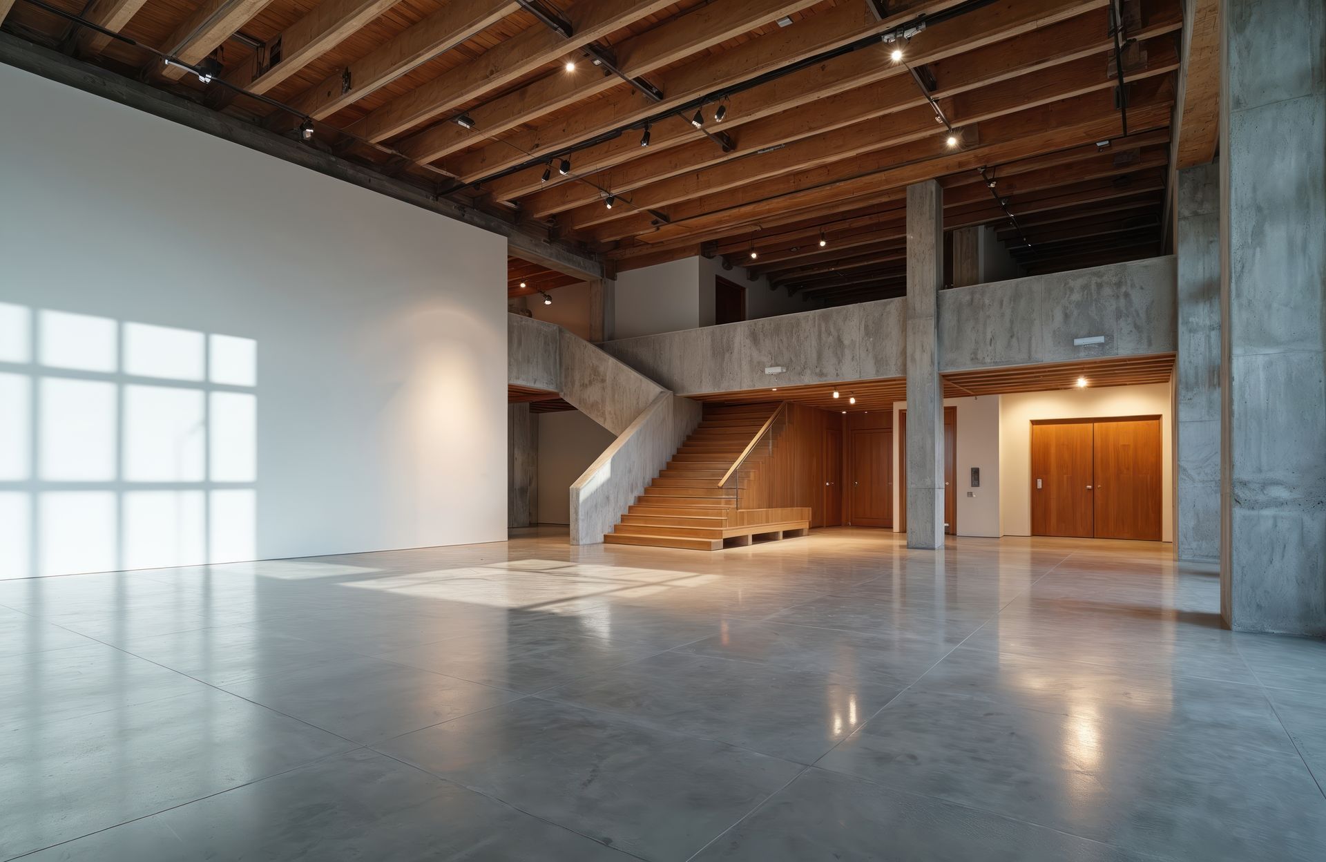 Grande galerie vide aux murs de béton, au plafond en bois et à l'escalier. La lumière naturelle y pénètre par une fenêtre.