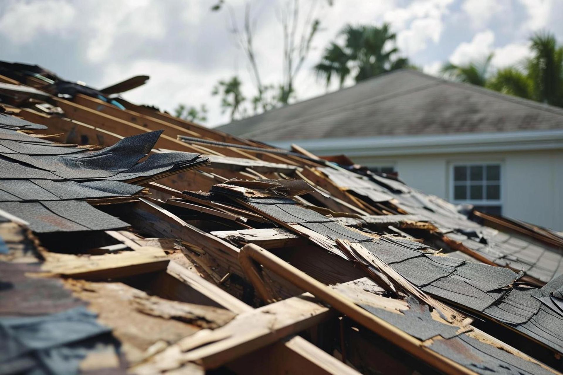 The roof of a house has been damaged by a hurricane.