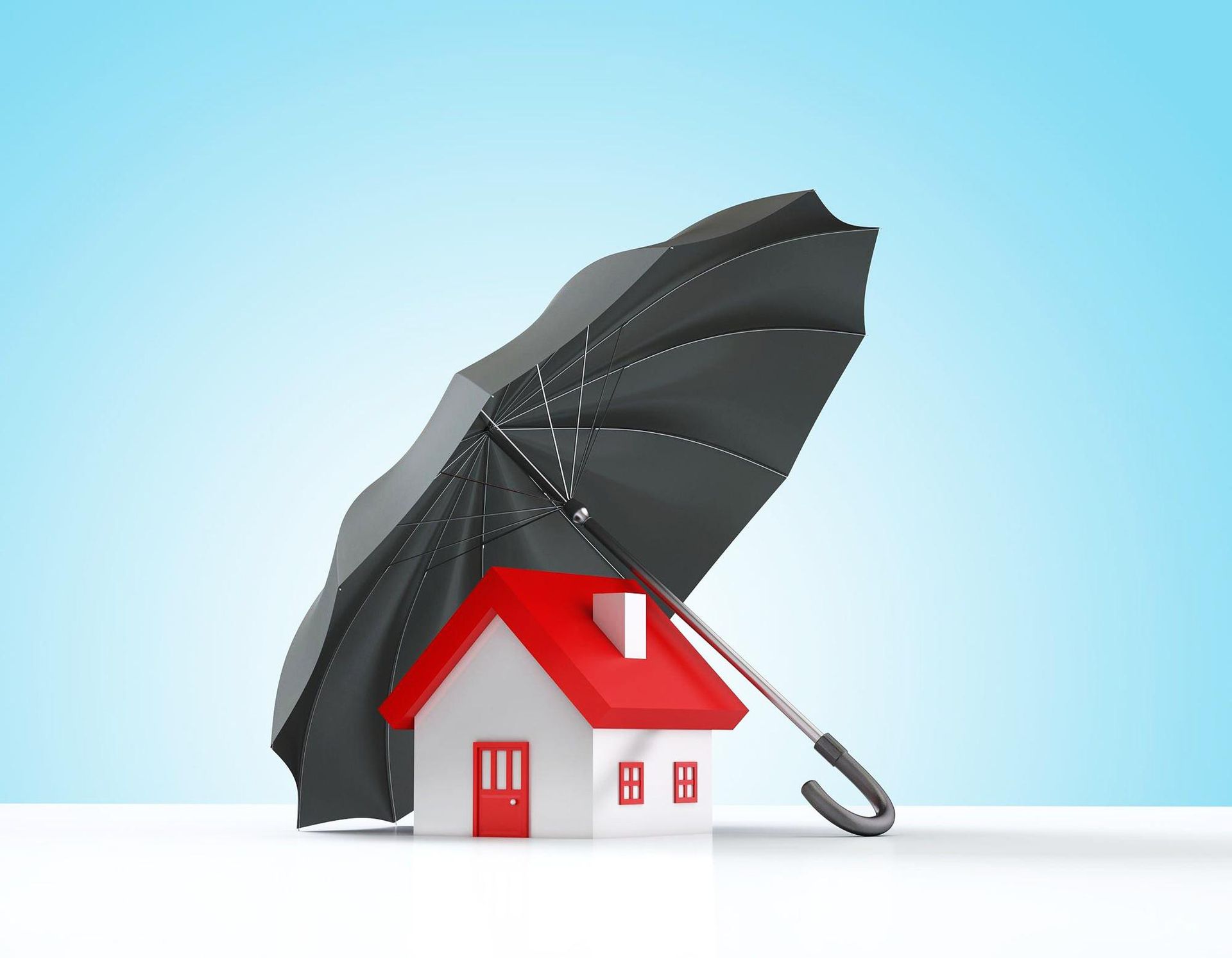A small house with a red roof is covered by a black umbrella.