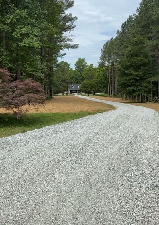 A gravel driveway leading to a house in the woods.