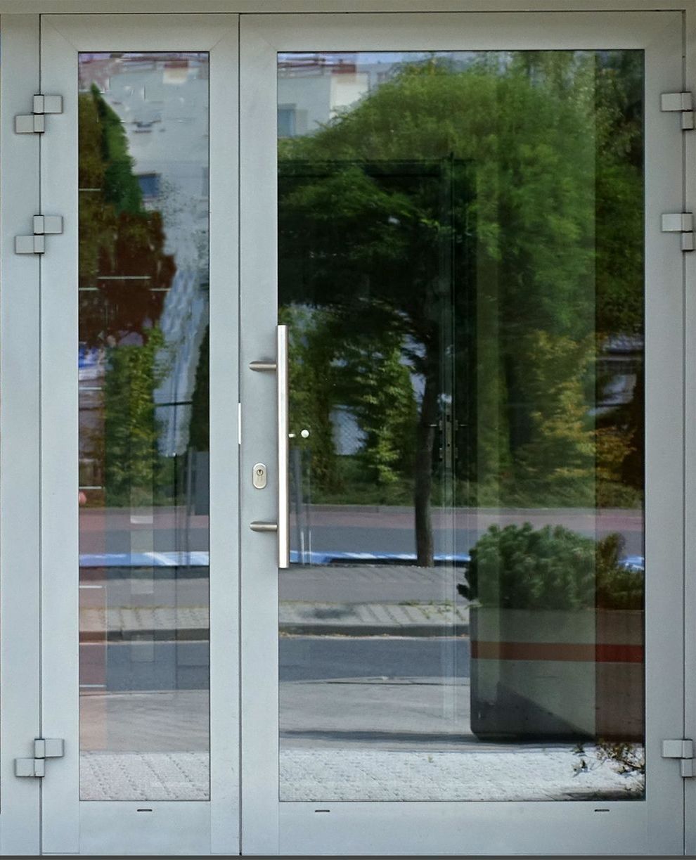 A white door with a reflection of trees in it