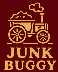 Junk Buggy logo: Yellow steam-powered tractor cart with debris, text on maroon background.