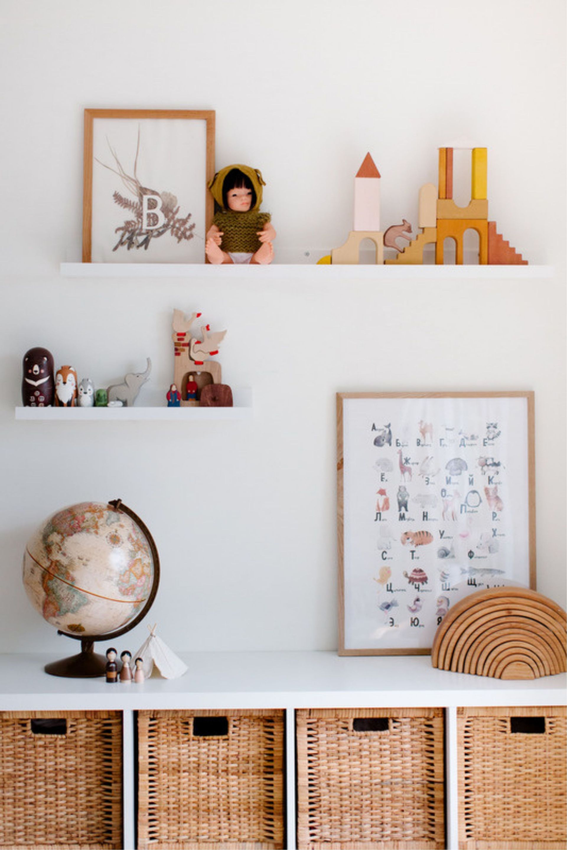 A shelf with a globe , baskets and toys on it.  — The Home Assembly In Avoca Beach, NSW