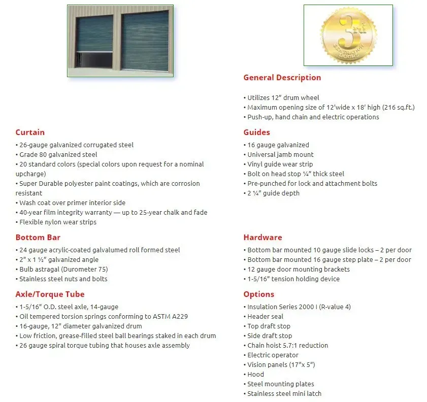 Product specification sheet for a rolling steel door, including technical details for the curtain, axle, and hardware.