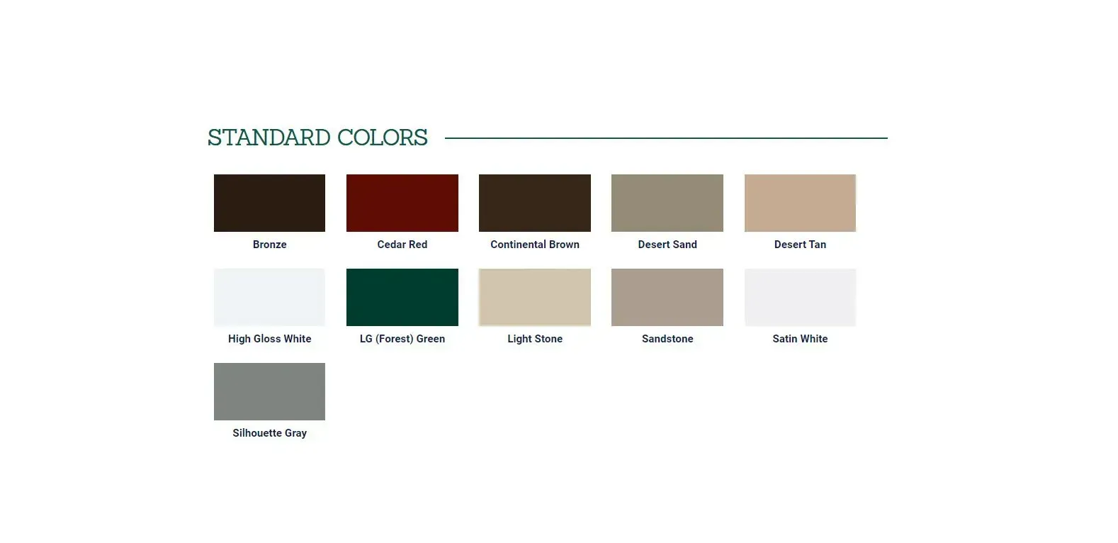 A color palette chart displaying eleven rectangular paint swatches in various shades of brown, green, tan, grey, and white.