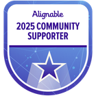Alignable 2025 Community Supporter badge: blue shield with white text, star, and abstract background.