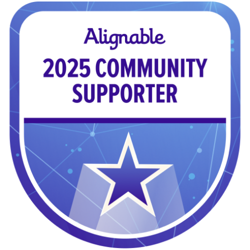 Alignable 2025 Community Supporter badge: blue shield with white text, star, and abstract background.