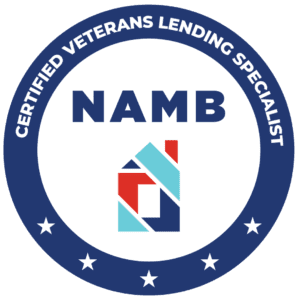 Certified Veterans Lending Specialist badge with NAMB logo and stylized house icon.