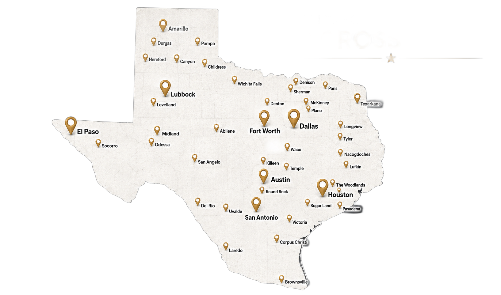 Contact Us White Texas map with city markers and the text “Serving all major cities across Texas” on a dark background