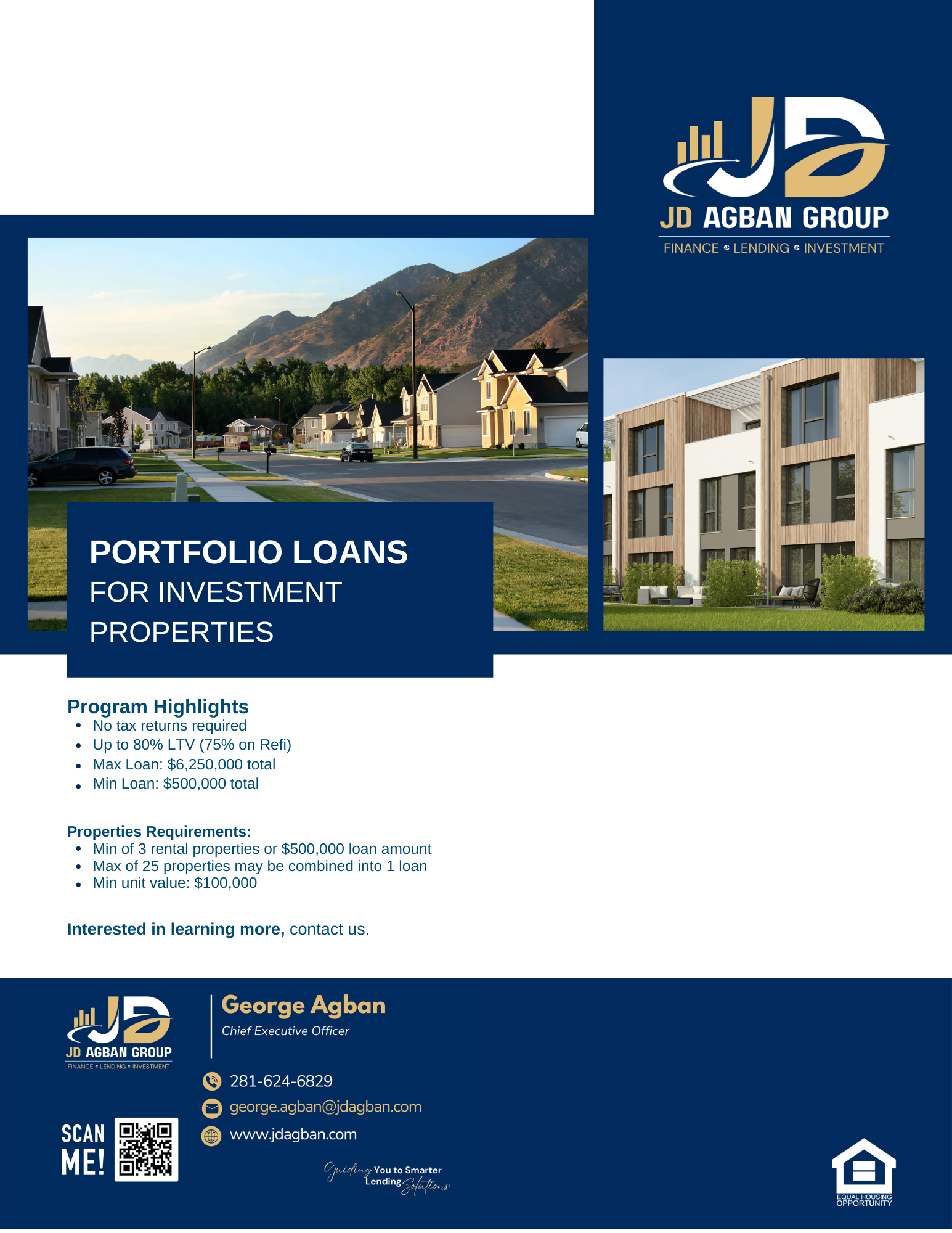 Flyer for JD Agran Group, advertising portfolio loans for investment properties.