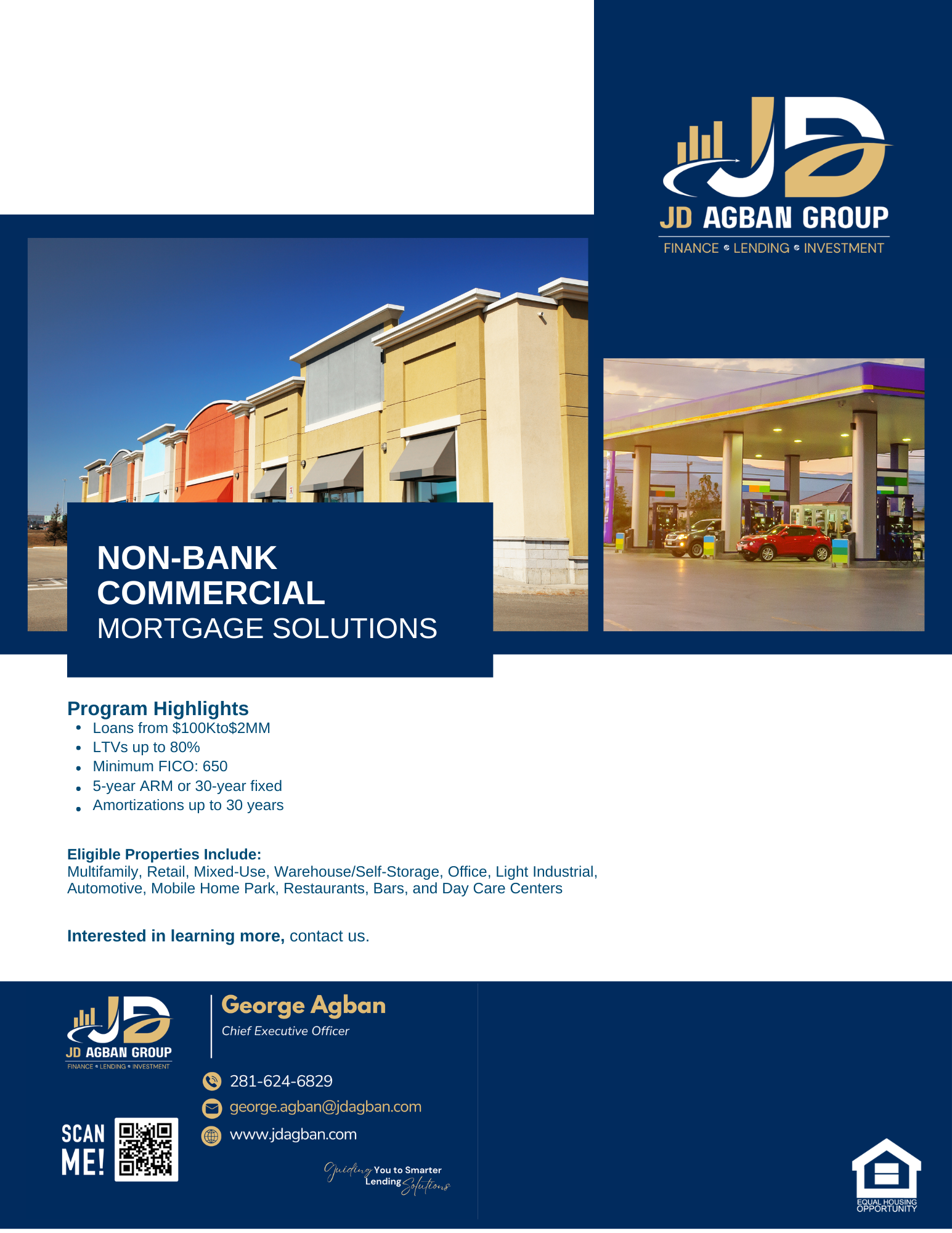 Brochure for JD Ogran Group featuring commercial property photos, contact details, and non-bank mortgage solutions.