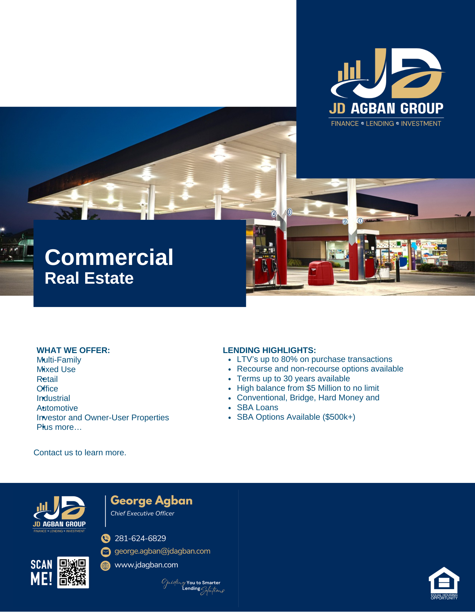 Commercial real estate brochure with gas station photo, JD Agran Group logo, and contact info for George Agran.