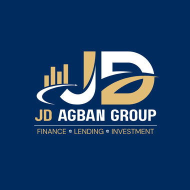 JD Agban Group logo: gold and white initials on blue background with finance, lending, investment text.