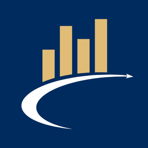 Gold bar graph above a white upward curving arrow on a navy blue background.