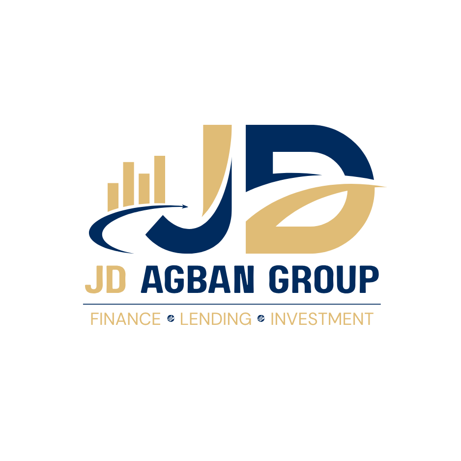 Logo: JD Agban Group. Gold and navy letters with a rising financial graph. Text: Finance, Lending, Investment.
