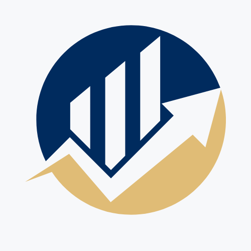 Blue and gold logo: white bar graph rising with an upward-pointing arrow, set against a dark blue circle.