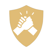Two hands clasped together, inside a gold shield.