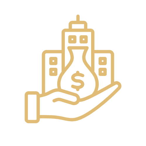 White clasped hands within a gold shield, symbolizing collaboration and strength.