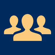 Three light orange silhouettes of people on a dark blue background, representing a group.