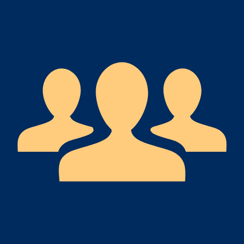 Three light orange silhouettes of people on a dark blue background, representing a group.