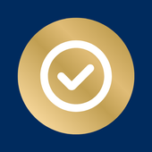 Gold circle with white check mark on a blue background, indicating approval or completion.