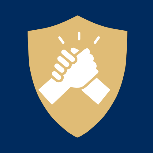 Two hands clasped together inside a gold shield on a navy background, symbolizing partnership.