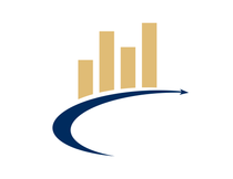 A gold bar graph with upward trend on a blue swoop with arrow, against a white background.