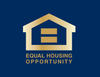 Equal Housing Opportunity logo: gold house outline with equal sign inside, navy blue background.