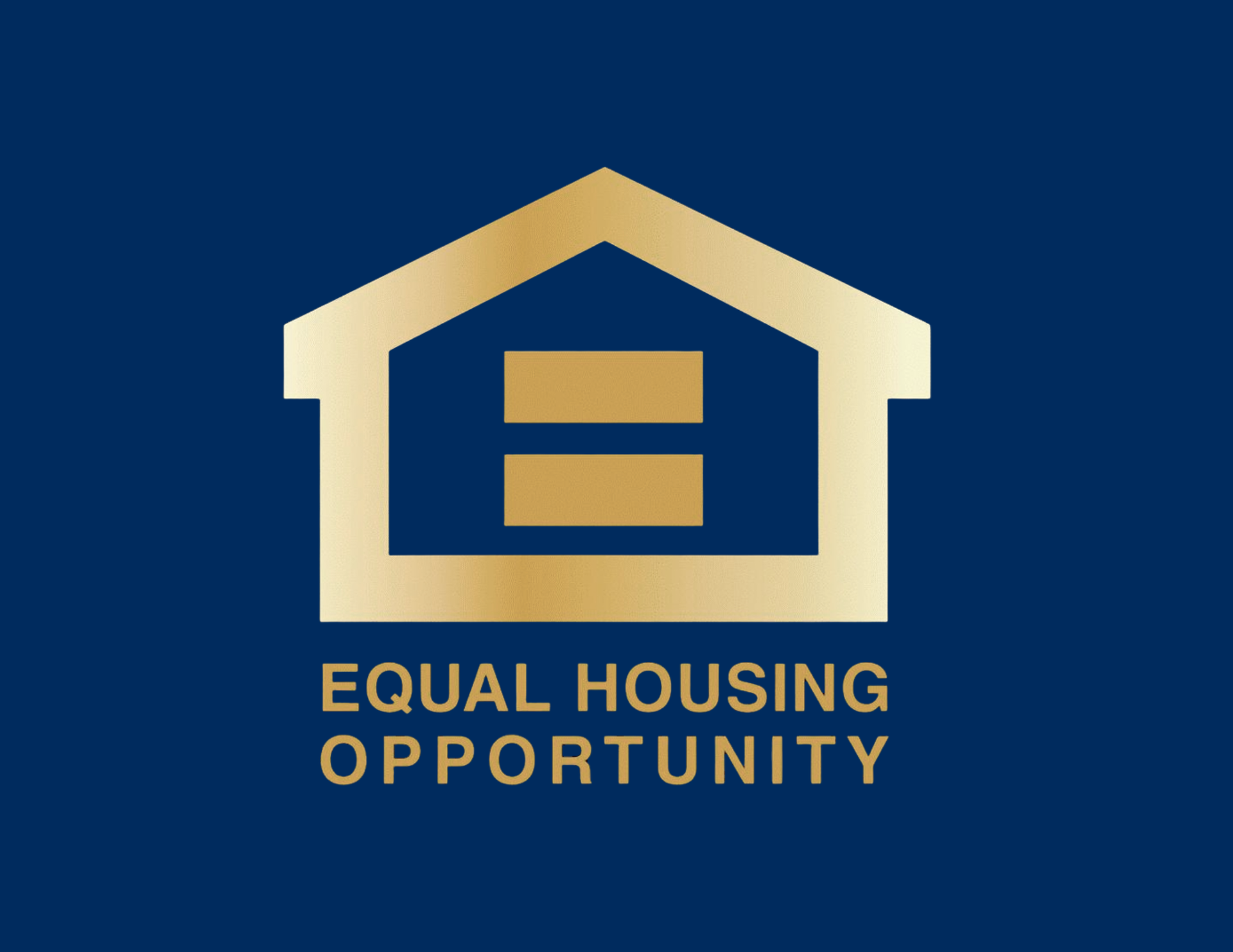Equal Housing Opportunity logo: gold house outline with equal sign inside, navy blue background.