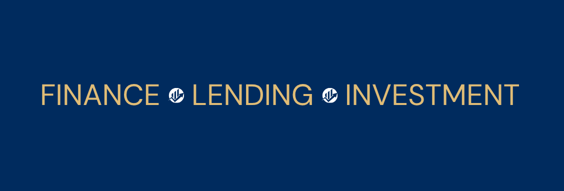 Finance, lending, and investment text with blue diamond accents on a dark blue background.