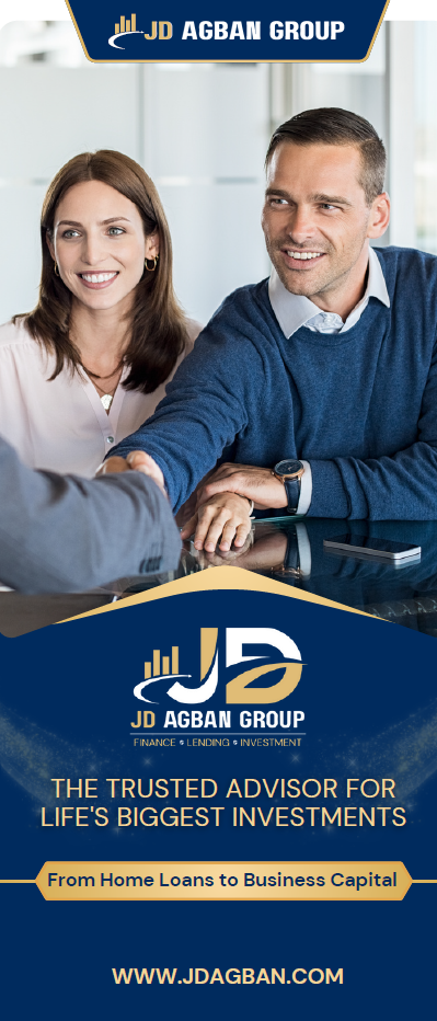 An advertisement for JD Abbam Group, featuring a couple shaking hands, in front of a dark blue background.