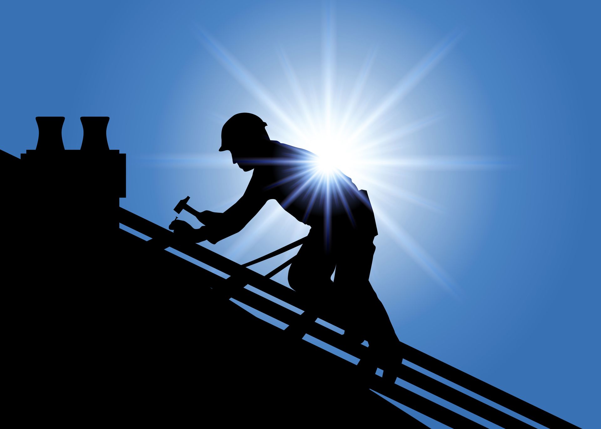 Silhouette of a construction worker hammering on a roof with sun flare behind. Silhouette of a construction worker hammering on a roof with sun flare behind.