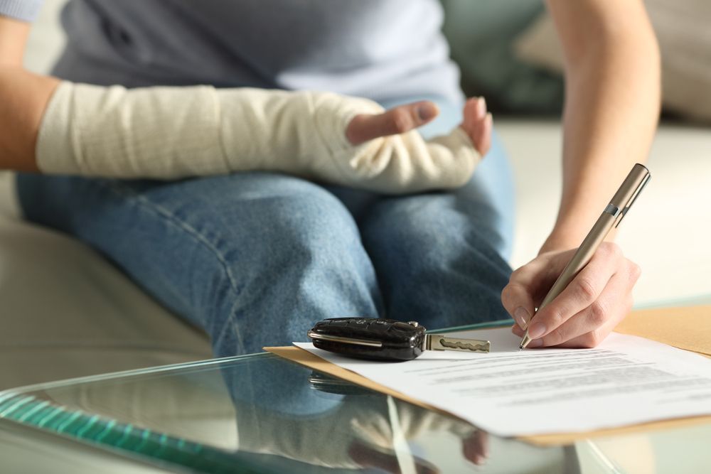 A woman with a cast on her arm is signing a document.