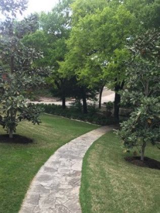 Stone path winds through a green, tree-lined park.