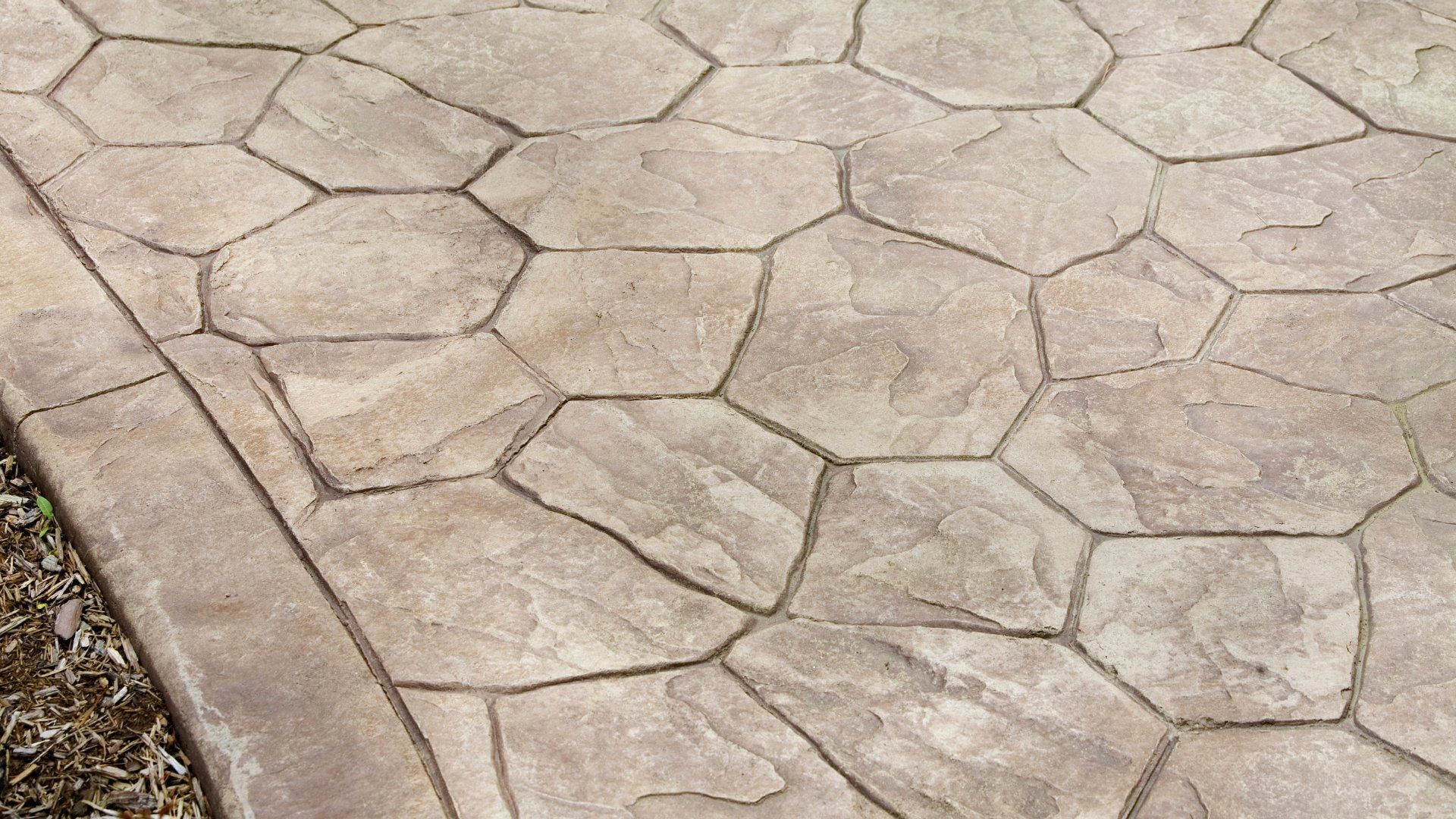 Stamped concrete walkway showing a neat stamped design.