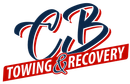 The logo for cb towing and recovery is blue and red.