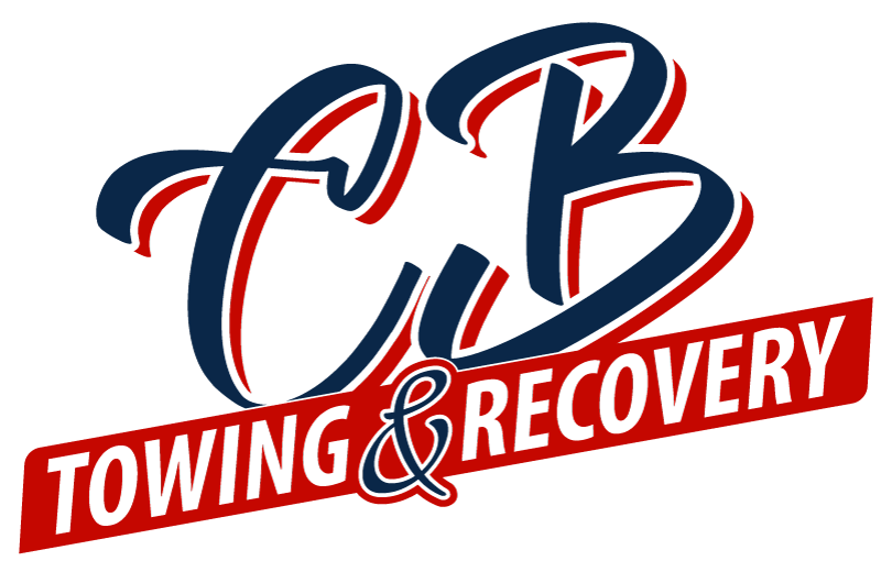 The logo for cb towing and recovery is blue and red.