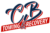 The logo for cb towing and recovery is blue and red.