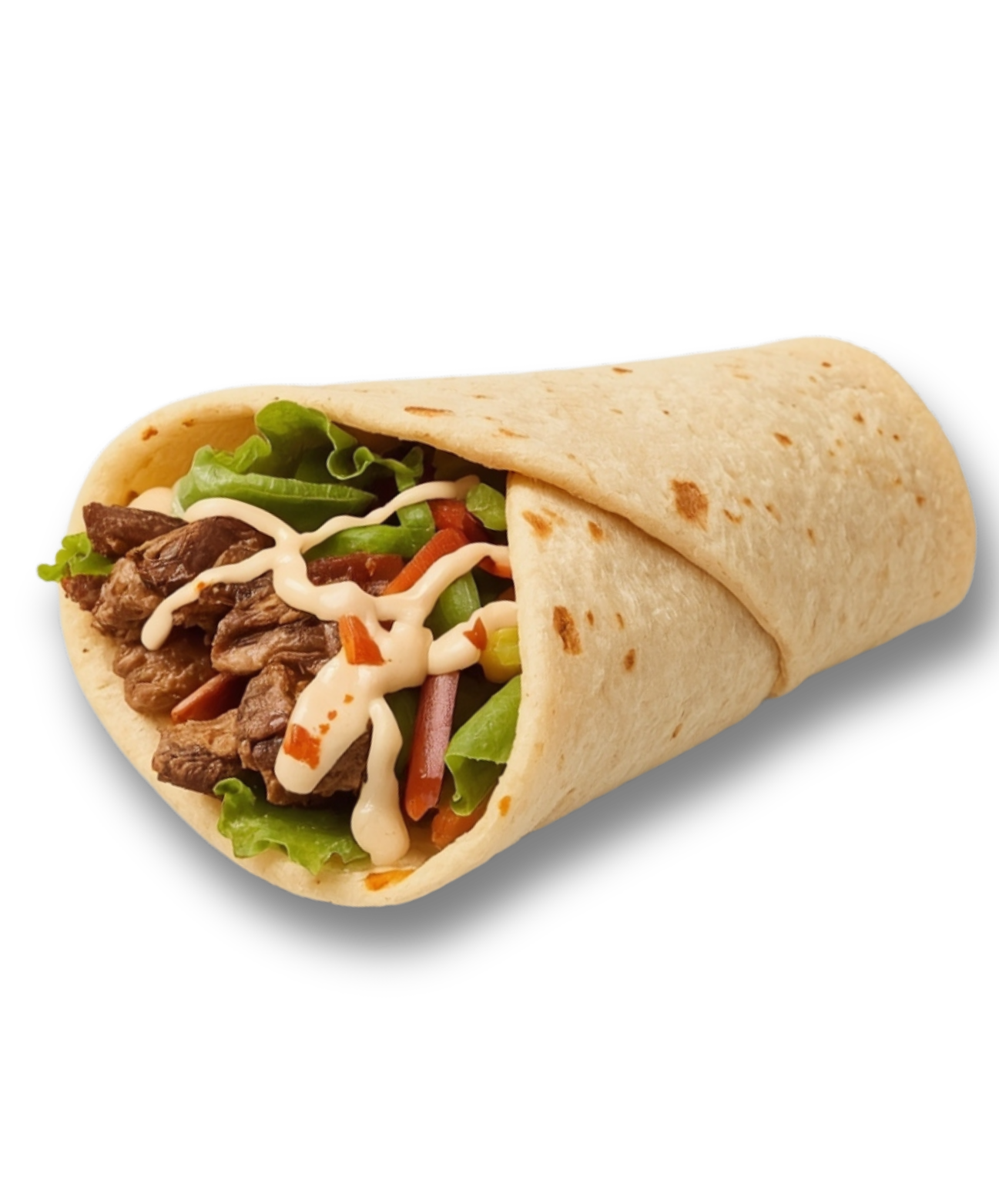 A tortilla wrap with meat lettuce and sauce on a white background