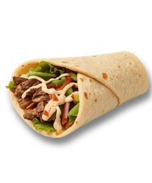 A tortilla wrap with meat lettuce and sauce on a white background