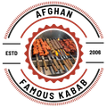A logo for afghan famous kabab with a picture of meat on skewers.