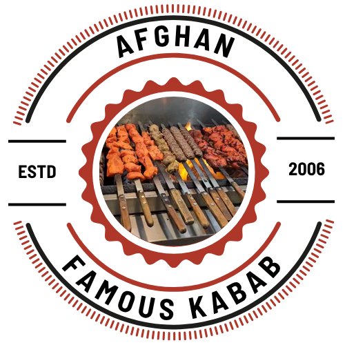 A logo for afghan famous kabab with a picture of meat on skewers.