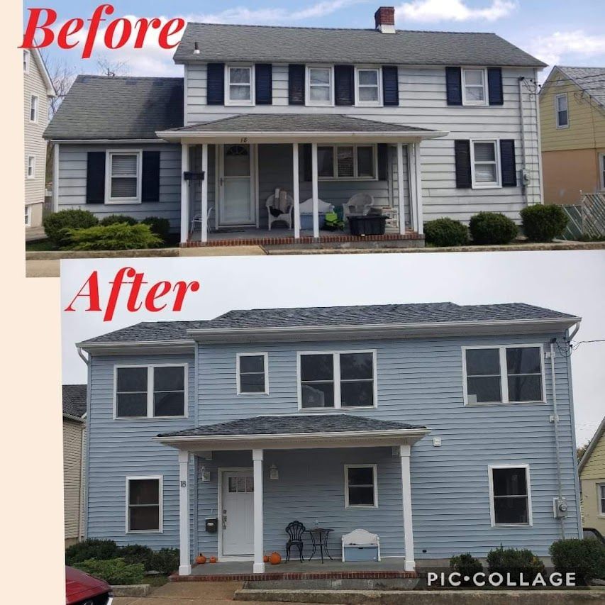 Before and after photos of a two-story house renovation, showcasing a change in siding color and window design.