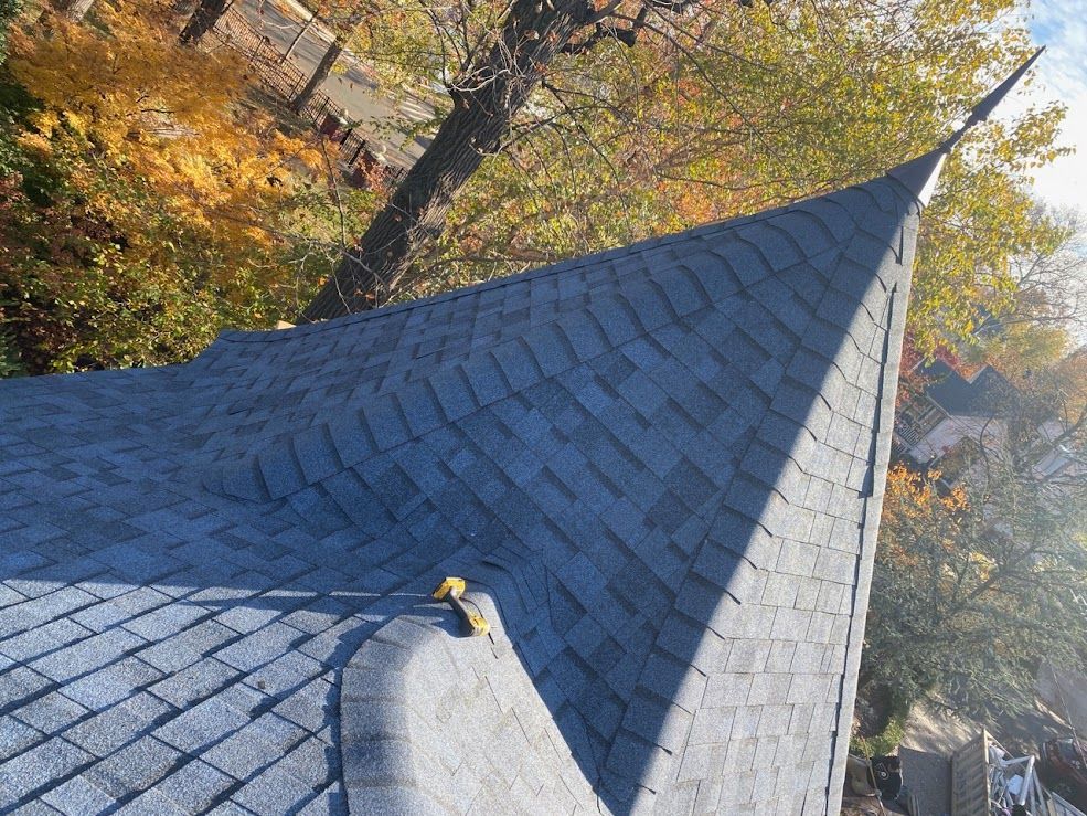 Overhead view of a dark gray shingled roof with a pointed edge, set against a backdrop of fall foliage.