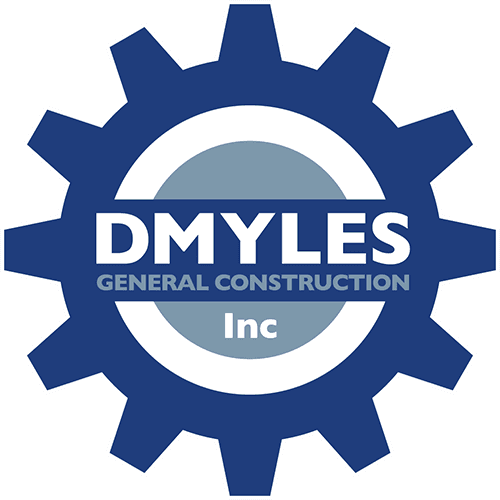 The logo for dmyles general construction inc. is a blue gear.