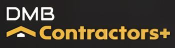 DMB Contractors+ logo with a roof icon in gold and text in white and gold on a black background.