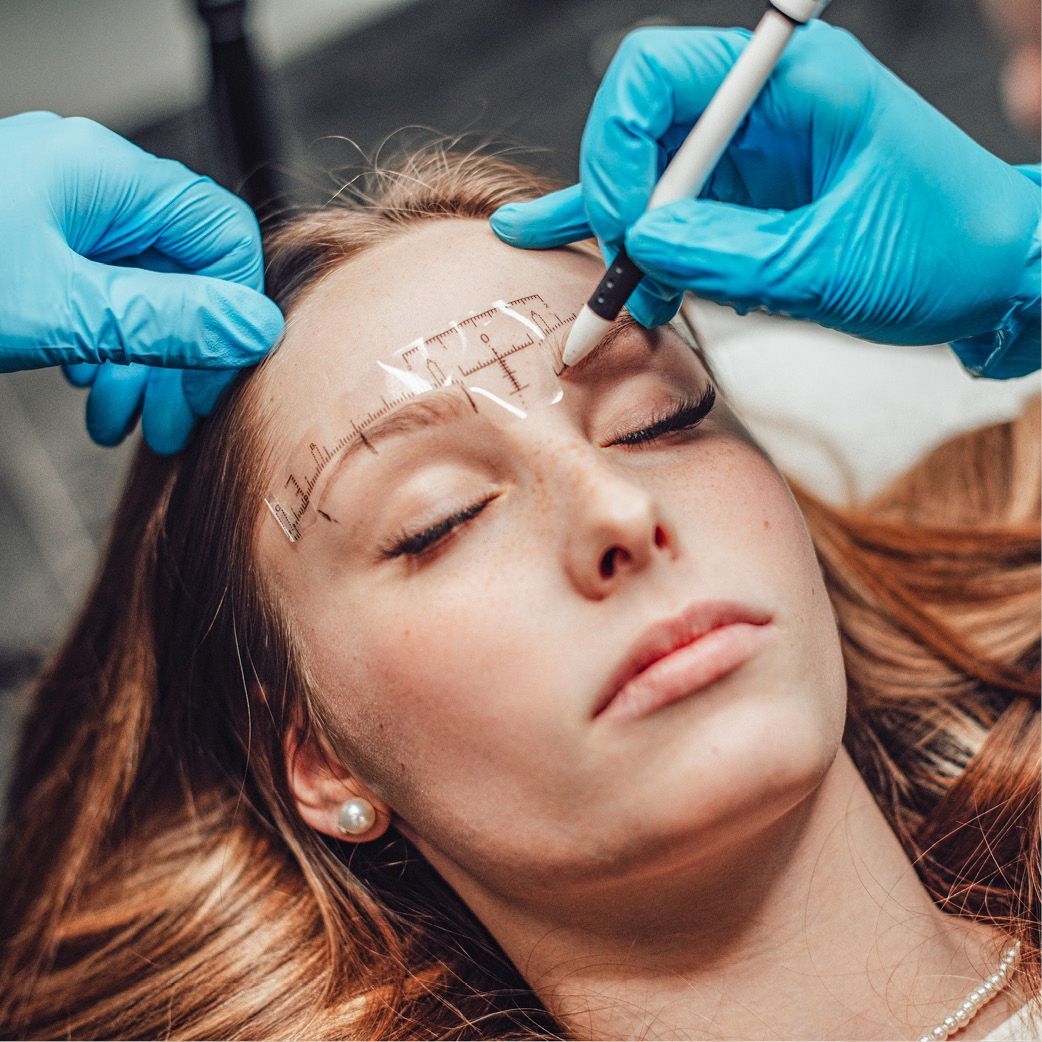 Eine Frau lässt sich ein Tattoo auf die Stirn stechen