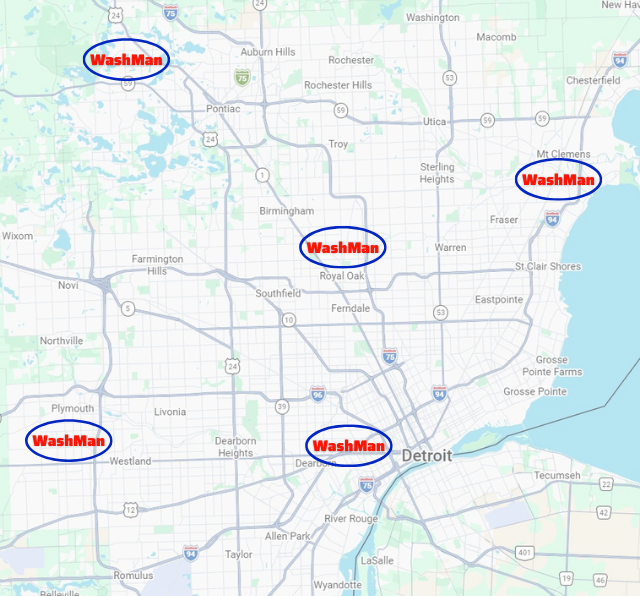 A map of the Detroit metro area showing five WashMan car wash locations marked with blue-circled text labels.