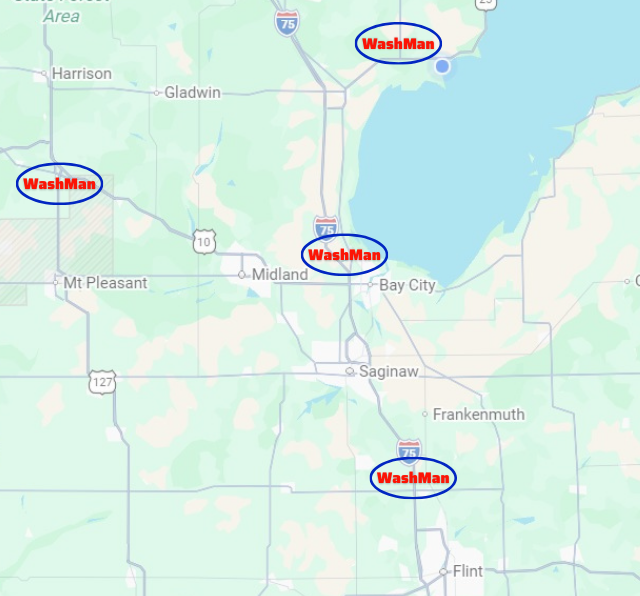Map of Michigan showing four WashMan locations marked with blue-circled text labels.